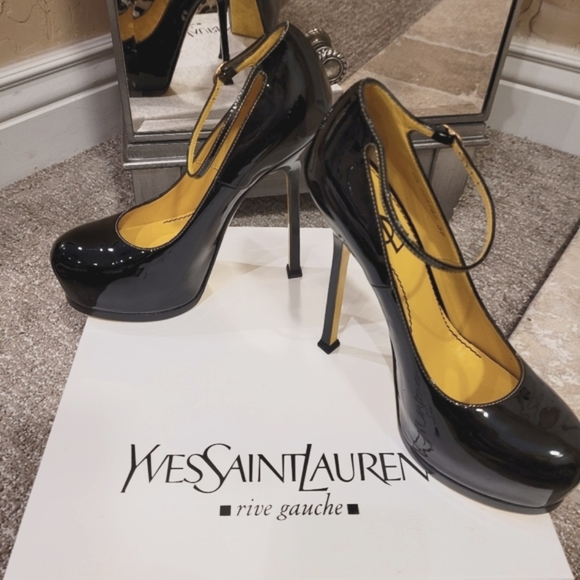 YVES SAINT LAUTENT (YSL) Ankle Strap Pump, Black & Yellow Patent shoe, size 37 - Picture 4 of 17